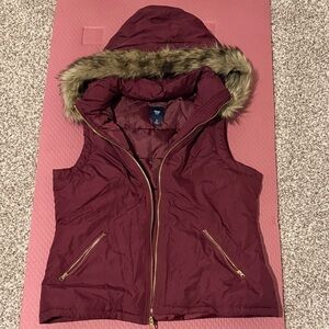 GAP Maroon Hooded Vest with Faux Fur Trim